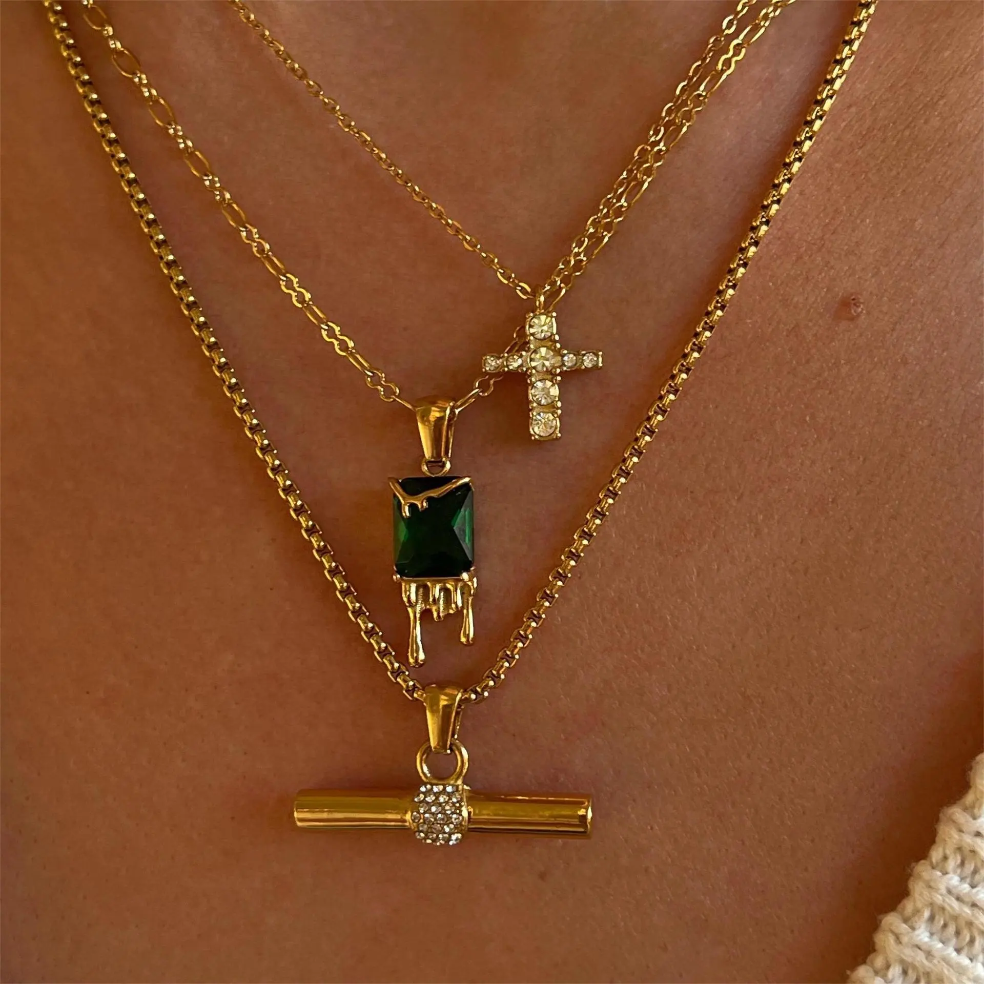 Trendy Zircon Necklace Jewelry Sets for Women 18K Gold Stainless Steel Fashion Custom Zircon Rhinestone Cross Charm Necklace