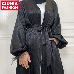 1950 # Pena Cuff Print Cetim Oriente Médio Robe Abaya Mulheres Muçulmanas Bolsos <span class=keywords><strong>Cardigan</strong></span> - Product Image 1