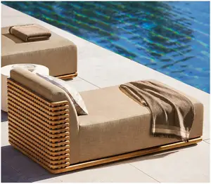 Cao cấp Gỗ Tếch cấu trúc Sun Lounger mây dệt đi văng phổ biến bãi biển Cabana ngoài trời đi văng với tán