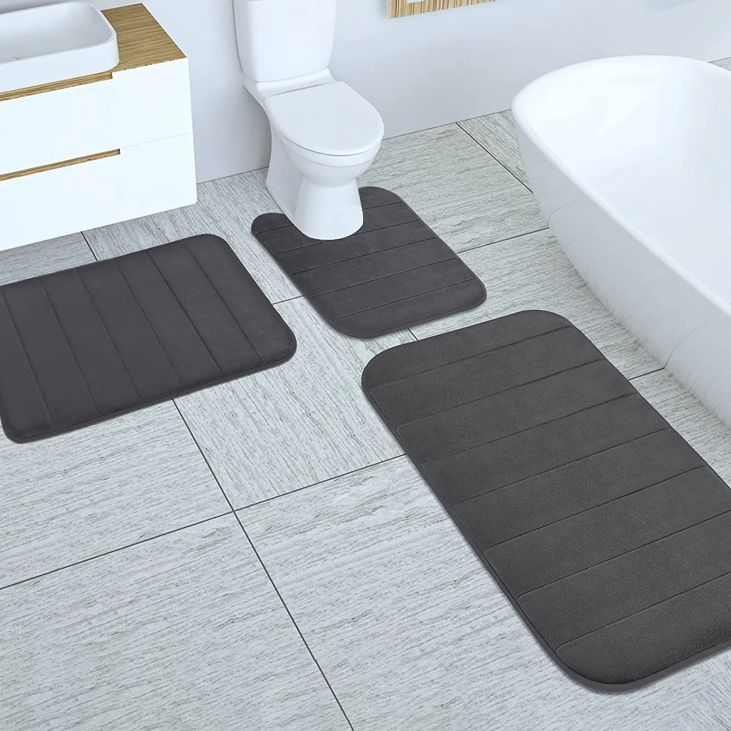 Tapetes para banheiro, conjunto de 3 peças de tapete com espuma de microfibra super absorvente antiderrapante e antiderrapante de pvc