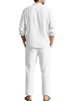 Costume deux pièces en lin pour homme grande taille OEM ODM, haute qualité, manches longues, pantalon à taille élastique, tenue décontractée en lin pour les vacances d'été