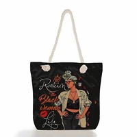 Sac à bandoulière en toile noir avec imprimé artistique de filles africaines, sacs fourre-tout par sublimation, sacs à main pour femmes, sacs de shopping pour la plage ou le quotidien