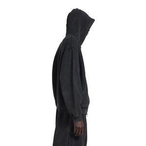 Nouvel Arrivage – Sweat à Capuche Décontracté pour Homme avec Logo Personnalisé, Fermeture Éclair, Noir Délavé, Automne-Hiver, Coton Lourd et Ample - Product Image 4