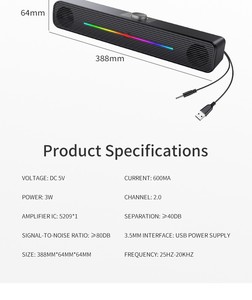 Từ Âm Thanh Thanh Loa Siêu Trầm RGB Cáp Không Dây PC Máy Tính Xách Tay Máy Tính Để Bàn <span class=keywords><strong>USB</strong></span> Đa Phương Tiện Loa Nhỏ Dài Dải Sáng TV Thanh Nói - Product Image 5