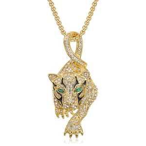 Collier pendentif tête de léopard plaqué or en acier inoxydable avec strass, bijou unisexe pour fête sur le thème du zodiaque animalier - Product Image 1