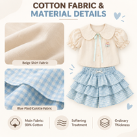 Ensemble de vêtements pour petites filles, chemise beige, culotte à carreaux bleue, manches bouffantes en coton, vêtements de printemps et d'été pour enfants