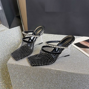 Nouvelles sandales d'été 2025 pour femmes, talons hauts en maille ornée de strass, chaussures élégantes à bout carré, sandales compensées transparentes, escarpins, pantoufles - Product Image 1