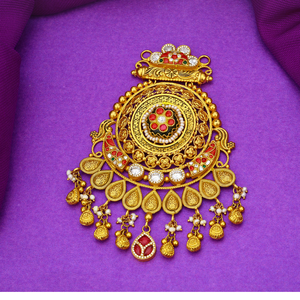 Antique gold temple pendant with <b>ruby</b> stone pearl drops and intricate filigree work traditional bridal statement jewelry piece - Product Image 3