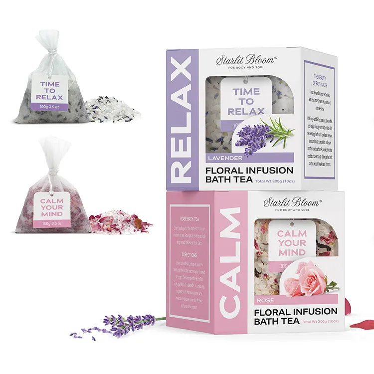 OEM/ODM Grosir Floral Herbal Pink Mewah Lavender Bath Salt Soak Bathing Tea Bags Kemasan dengan Bunga