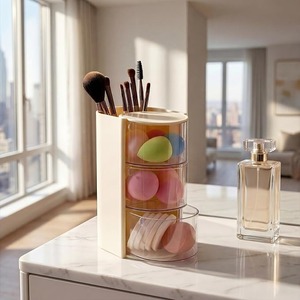 Organisateur de maquillage rotatif à 3 niveaux, boîte de rangement cosmétique anti-poussière en PP, tiroir pour pinceaux, houppettes et outils de beauté - Product Image 3