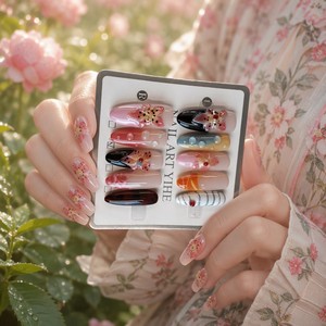 Uñas Postizas Acrílicas 3D con Diseño de Flores y Mariposas, Uñas Postizas Pre-Diseñadas, Largas, Estilo Stiletto, Almendradas, Cuadradas, para Salón de Belleza - Product Image 4