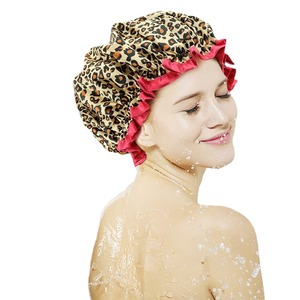 Bonnet de douche en satin pour femmes, double couche, imperméable, motif léopard, zèbre, points roses, points blancs, usage sanitaire - Product Image 5