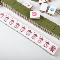 Tuiles de Mahjong Américain Vert Olive, 160 Pièces, Ensemble de Jeu en PVC Rayé à 3 Niveaux, Motifs Gravés à la Main Lion, Danse du Lion, Paon, Lotus