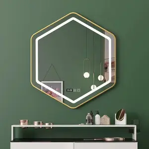 OEM Hexagonal Golden Metal Border Bathroom Hotel Makeup Salon Intelligent Touch Smart Mirror With LED Light