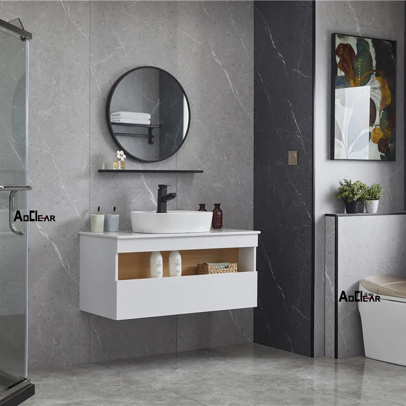 バスルーム製品2020コンパクトメタルスクエアティールウォールマウント一体型洗面器プリミティブダブルシンク洗面化粧台