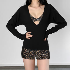 T-shirt ample en tricot à manches chauve-souris, col en V, couleur unie, style streetwear, coupe ajustée, polyvalent, pour femme - Product Image 4