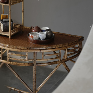 Table console demi-lune en bambou, faite à la main, table d'entrée polyvalente pour salon, support à fleurs, style classique - Product Image 2