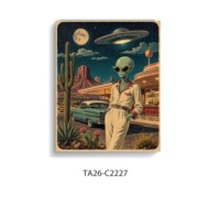 Tableau mural vintage en toile sur le thème de l'Ouest intergalactique, représentant un OVNI extraterrestre en train d'enlever un cowboy, avec décor mural de désert, cactus et fleurs