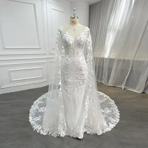 Fabricante nupcial cuello en V manga larga capa apliques con tren vestidos de novia largos falda desmontable