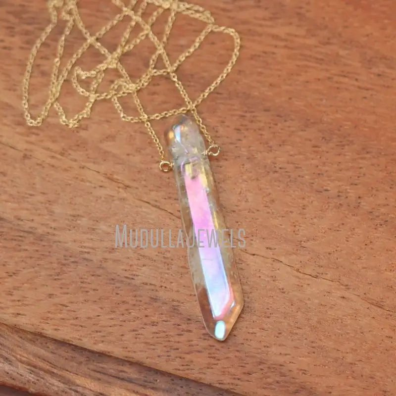 NM42505 Clear Quartz Wand Necklace Angel Aura Quartz Necklace Rainbow Crystal Necklace Gold Plated Chain Jewelry