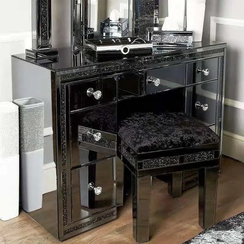 Modern crushed diamond black mirrored dressing table with drawers chest