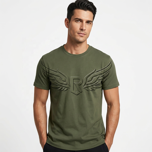 T-shirt en coton à manches courtes vert olive pour homme, coupe classique, col rond, couleur unie, jersey tricoté, décontracté - Product Image 6