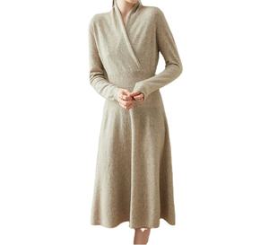 Combinaison sur mesure pour femmes <span class=keywords><strong>pull</strong></span> en cachemire à col en V croisé <span class=keywords><strong>robe</strong></span> trapèze <span class=keywords><strong>mi</strong></span>-<span class=keywords><strong>longue</strong></span> en tricot - Product Image 1