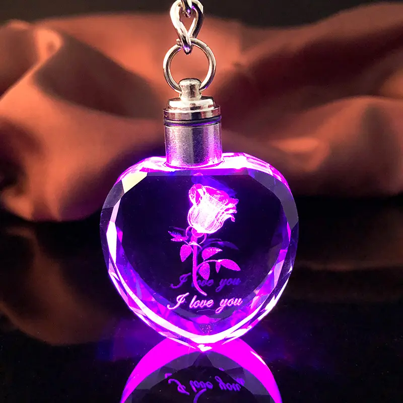 Cristal artificiel Rose Fleur Coeur porte-clés cristal clair led Porte-clés Porte-clés Amoureux Couples porte-clés Saint Valentin Cadeau