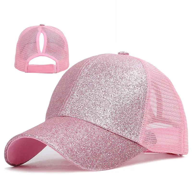 Hot Selling Bright Pink Design 6-Panel Pferdes chwanz Mesh Sonnenschutz Baseball kappe ist mit gesticktem Logo angepasst