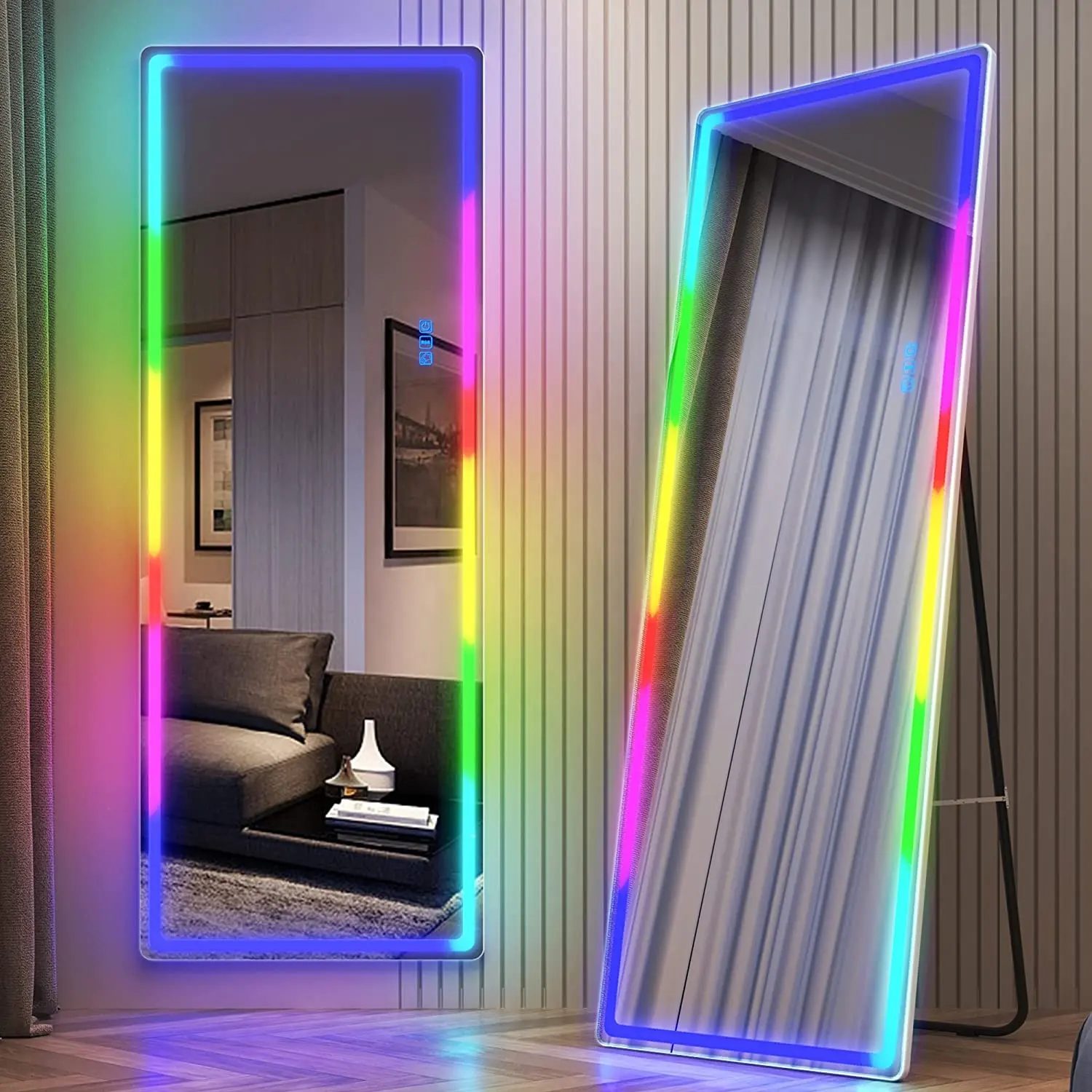 RGB LED Mirror Free Standing Floor Wall Mounted Hanging Full Body Lighted Full Length Mirror with Lights