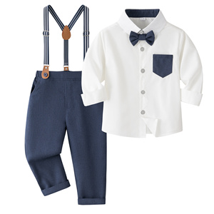 Catpapa Vente en gros Ensemble <span class=keywords><strong>3</strong></span> pièces pour garçons : Chemise blanche, <span class=keywords><strong>pantalon</strong></span> à bretelles bleu marine et nœud papillon – Tenue de cérémonie pour garçon d'honneur - Product Image 1