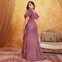 Robes de soirée de luxe YS0932 pour femmes, taille plus, manches courtes, col en V, volants, paillettes, robe sirène, robe de soirée formelle pour femmes