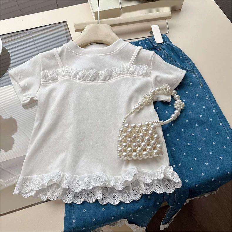 New Stylish Children Clothes Summer Short Sleeve Lace Baby Girl T