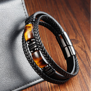 Bracciale <span class=keywords><strong>da</strong></span> <span class=keywords><strong>Uomo</strong></span> in Pelle Nera Intrecciata con Pietra Gialla, Doppio Strato in Acciaio Inossidabile e Pietra Naturale, Fatto a Mano - Product Image 2