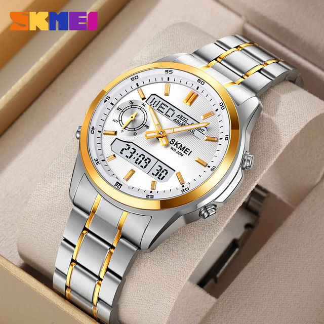 SKMEI 2284 Fashion Men's Dual Steel Band Watch Luminous Multifunctional Analog Business Electronic Pointer Alloy Watches