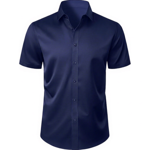 Camisa de Vestir de Manga Corta Azul Marino para Hombre, Cuello Clásico, Popelina Antiarrugas, Ropa Formal de Verano - Product Image 1