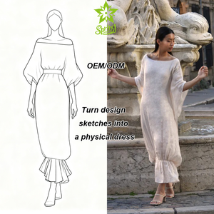 Vestido Maxi Personalizado para Mujer, Color Beige, Cuello Barco, Manga Murciélago, Dobladillo Fruncido, Mezcla de <span class=keywords><strong>Lino</strong></span>, Elegante, Casual, para Uso Diario - Product Image 1