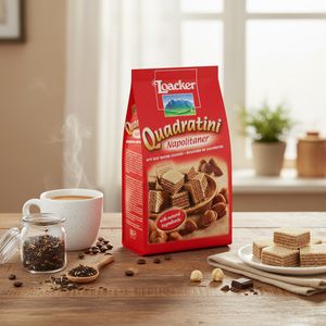 Loacker Quadratini Crispy Wafer Cookies Square Shape 14% Fat 250g Bag Variety Flavors <b>Chocolate</b> Tea Cream Coffee Sweet Taste - Product Image 3