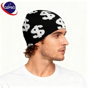 QZFSO OEM Factory Winter Custom Cotton Knit <b>Black</b> <b>Cap</b> Beanie Hat Cuffless Jacquard Reversible Embroidered Graphic Beanie for <b>Men</b> - Product Image 1