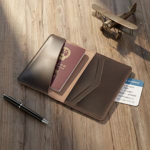 Tarjetero y Porta Pasaportes de Cuero Genuino para Hombre y Mujer, Estilo Vertical, Piel de Vacuno Crazy Horse, Cartera Vintage con Botón - Product Image 1