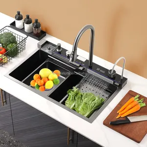 Novo Design Piano Interruptor Multifuncional Aço Inoxidável Smart Waterfall Kitchen Sink Black Smart Sink Kitchen