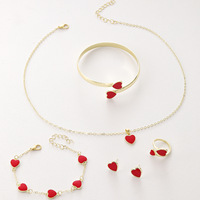 Ensemble de bijoux cœur populaire européen et américain, best-seller transfrontalier, en alliage, comprenant bracelet, boucles d'oreilles, collier et bague, avec pierre en zircon