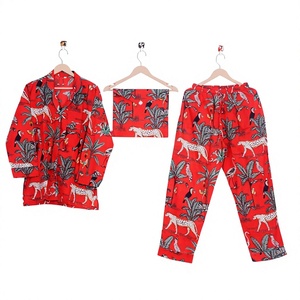 Ensemble de pyjama 3 pièces pour femmes de haute qualité, élégant, 100% coton, fait main, léger, imprimé à la main, imprimé jungle, respirant, lisse - Product Image 1