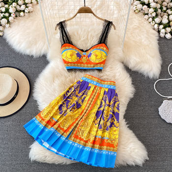 S-2XL Seaside Holiday Fashion Suit Temperament Strap Bra Top Two-piece High Waist Pleated Skirt  Women s Sets