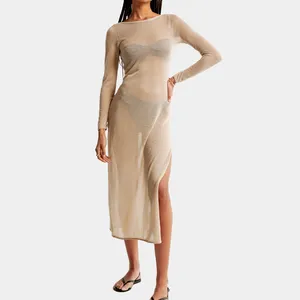 Luxury sexy bling metallic custom long-sleeve mesh bikini beach coverup midi dress