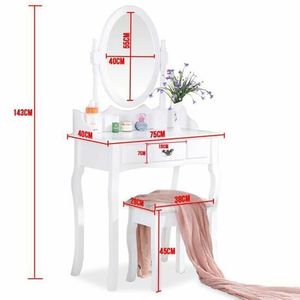 Meuble de chambre à coucher en <span class=keywords><strong>bois</strong></span> <span class=keywords><strong>blanc</strong></span> au design moderne, coiffeuse avec tabouret <span class=keywords><strong>et</strong></span> miroir rond - Product Image 1