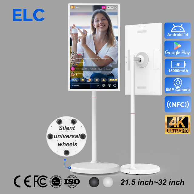 90° Rotating 32" Portable Smart Screen 4K Touch Monitor Android 14 Wireless Mobile Display for TikTok YouTube Live Streaming