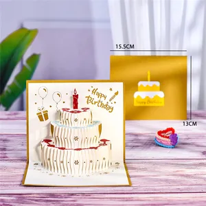 Cartão de aniversário infantil da menina, marido 3d, bolo de aniversário, cartões postiços pop-up, presentes com envelope