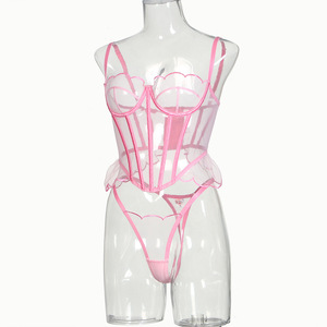 2024 Shapewear Sling Wave Laced Panty Bra Mesh Sexy Ropa interior Rosa 2 piezas Conjunto de lencería Sujetador transparente Conjuntos de bragas - Product Image 6