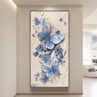 Peinture murale encadrée verticale en porcelaine cristalline avec motif de papillon bleu 3D pour l'entrée, le couloir, décoration murale de luxe pour la maison